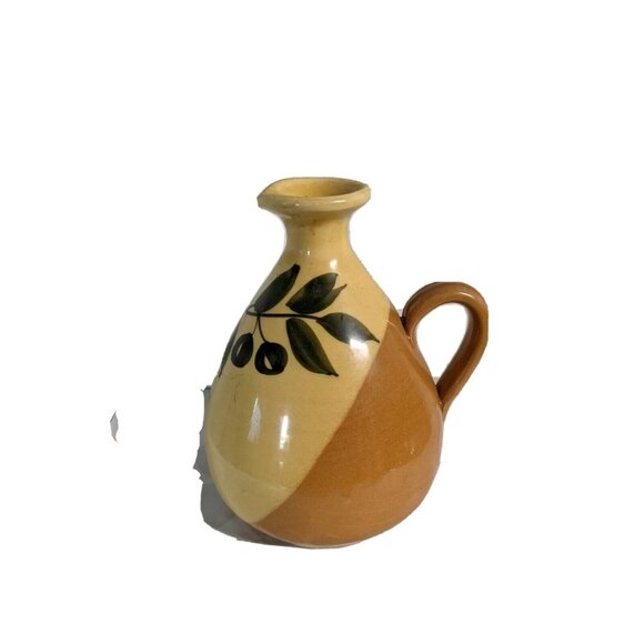 Hand-Painted Ceramic Olive Oil Decanter Pitcher Rust & Yellow With Olive Design - Picture 4 of 8